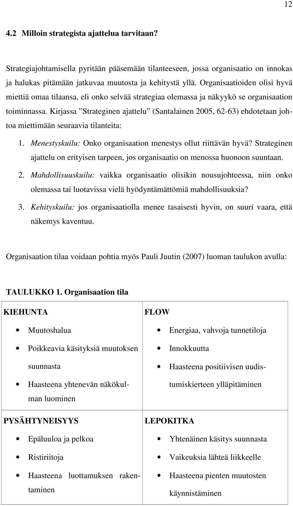 Kirjassa Strateginen ajattelu (Santalainen 2005, 62-63) ehdotetaan johtoa miettimään seuraavia tilanteita: 1. Menestyskuilu: Onko organisaation menestys ollut riittävän hyvä?