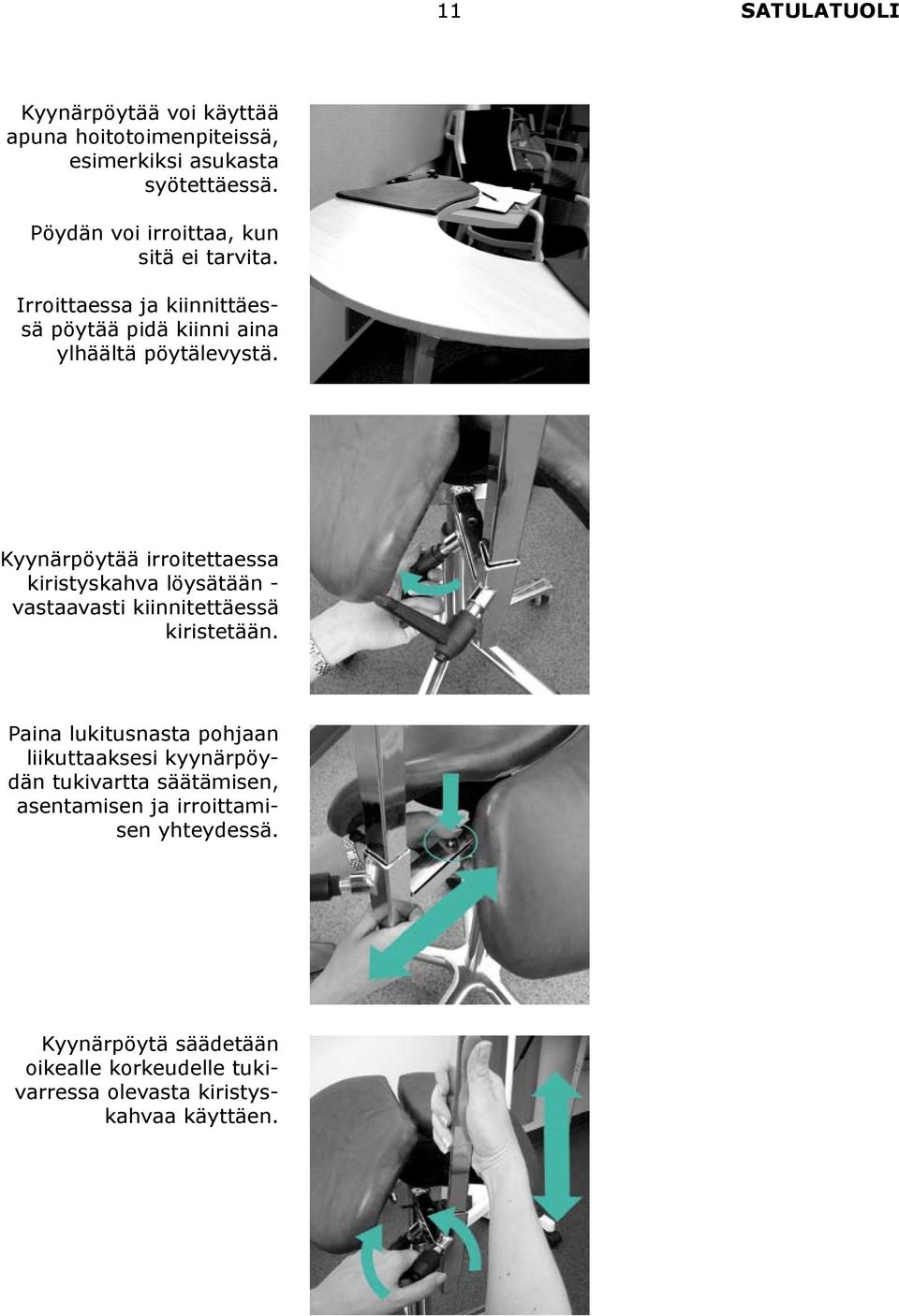 Kyynärpöytää irroitettaessa kiristyskahva löysätään - vastaavasti kiinnitettäessä kiristetään.