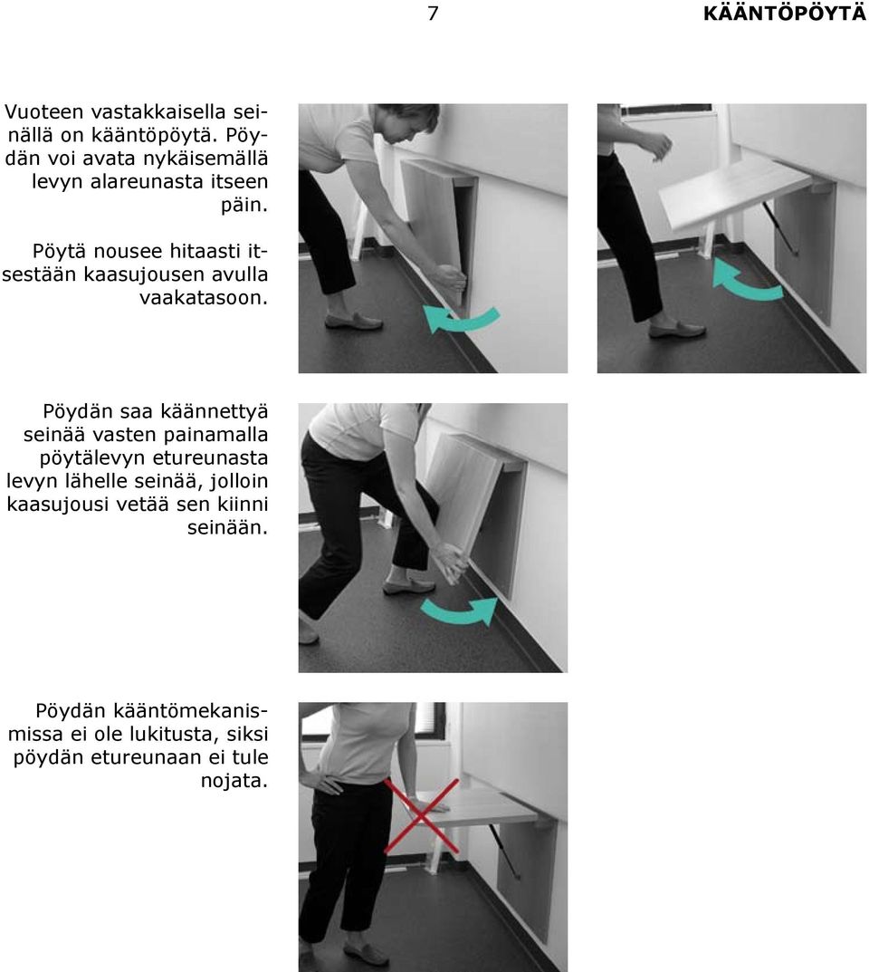 Pöytä nousee hitaasti itsestään kaasujousen avulla vaakatasoon.