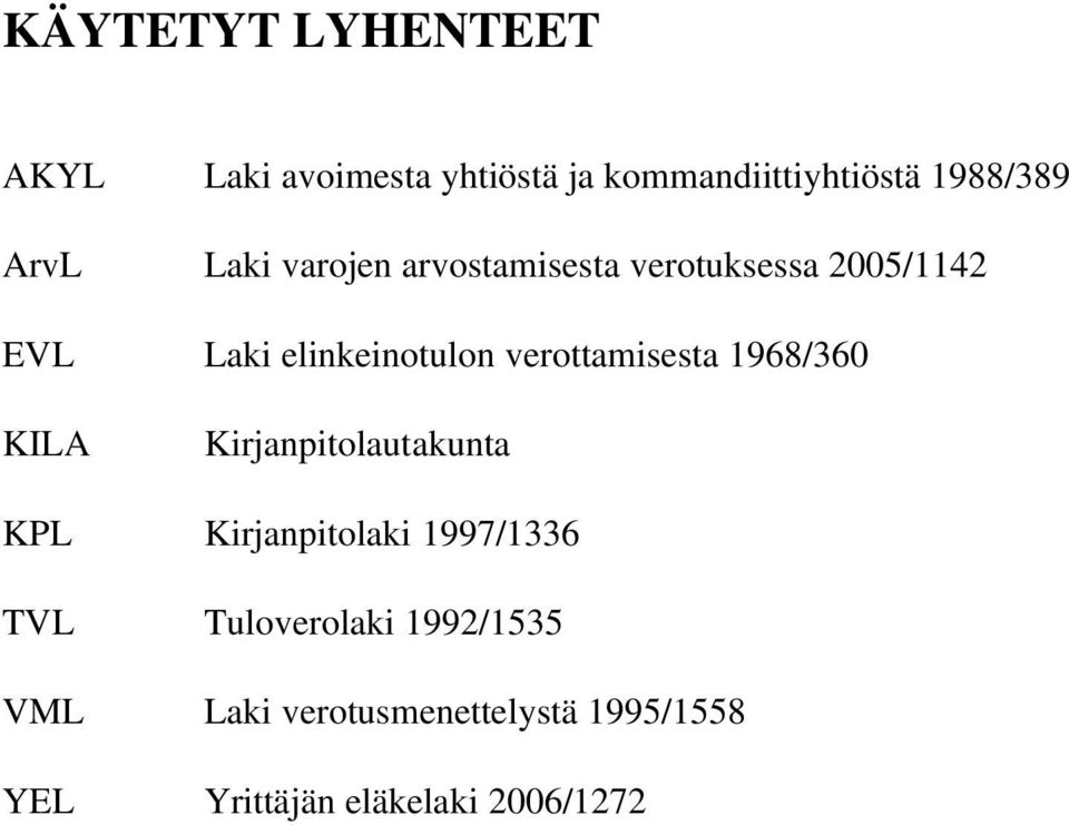 verottamisesta 1968/360 KILA Kirjanpitolautakunta KPL Kirjanpitolaki 1997/1336 TVL