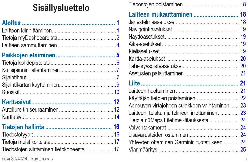 .. 16 Tiedostotyypit...16 Tietoja muistikorteista...17 Tiedostojen siirtäminen tietokoneesta...17 Tiedostojen poistaminen...18 Laitteen mukauttaminen... 18 Järjestelmäasetukset...18 Navigointiasetukset.