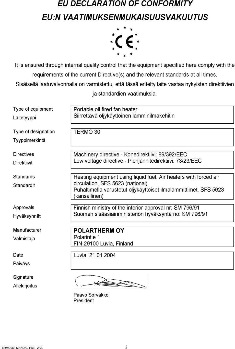 Type of equipment Laitetyyppi Type of designation Tyyppimerkintä Directives Direktiivit Standards Standardit Approvals Hyväksynnät Manufacturer Valmistaja Date Päiväys Signature Allekirjoitus