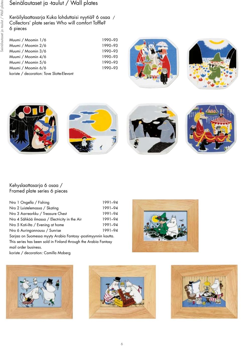 Framed plate series 6 pieces Nro 1 Ongella / Fishing 1991 94 Nro 2 Luistelemassa / Skating 1991 94 Nro 3 Aarrearkku / Treasure Chest 1991 94 Nro 4 Sähköä ilmassa / Electricity in the Air 1991 94 Nro