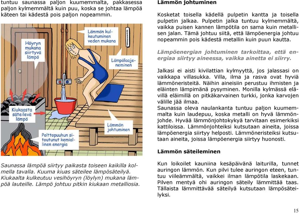 Tämä johtuu siitä, että lämpöenergia johtuu nopeammin pois kädestä metallin kuin puun kautta. Lämpöenergian johtuminen tarkoittaa, että energiaa siirtyy aineessa, vaikka ainetta ei siirry.