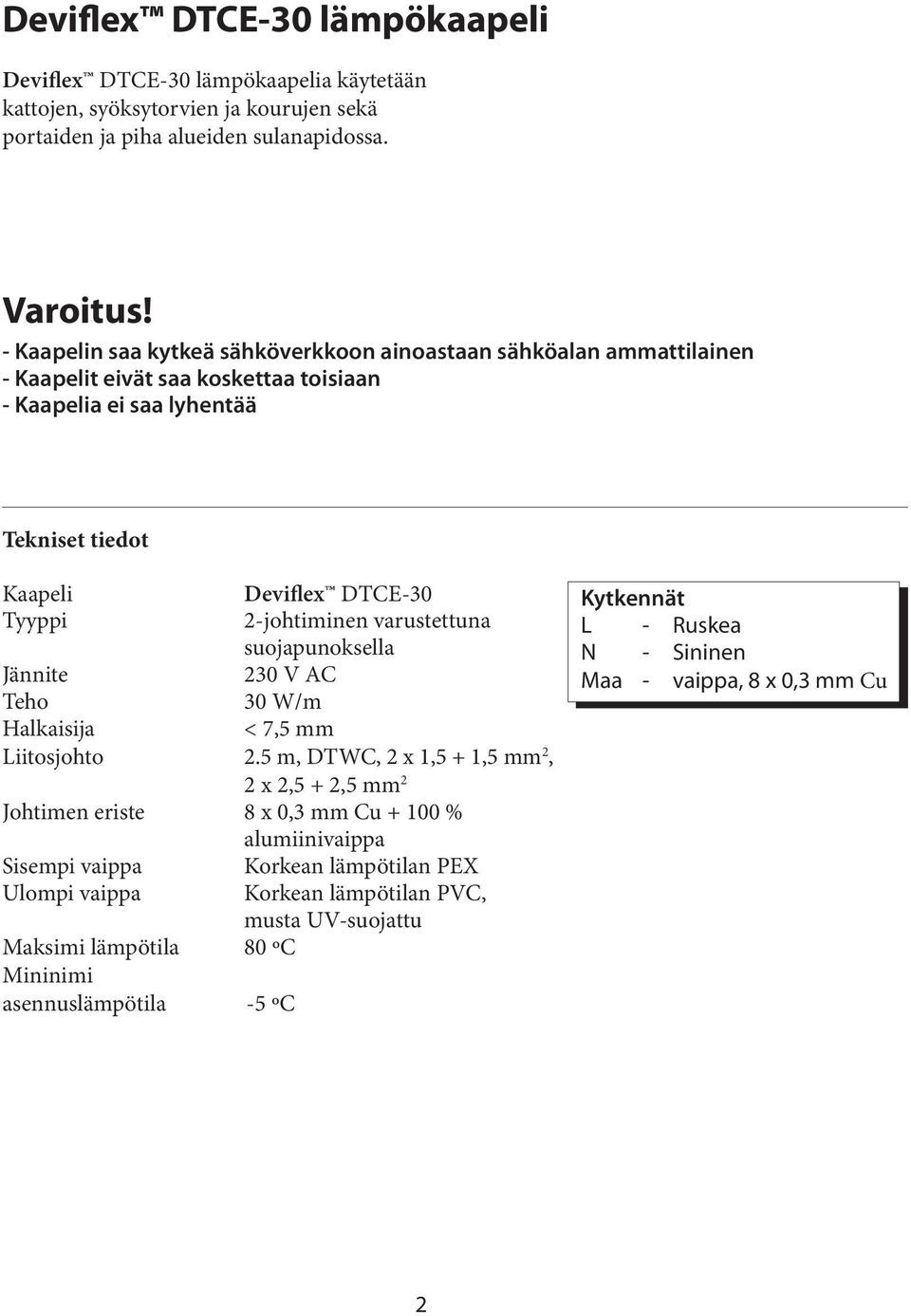 2-johtiminen varustettuna suojapunoksella Jännite 230 V AC Teho 30 W/m Halkaisija < 7,5 mm Liitosjohto 2.