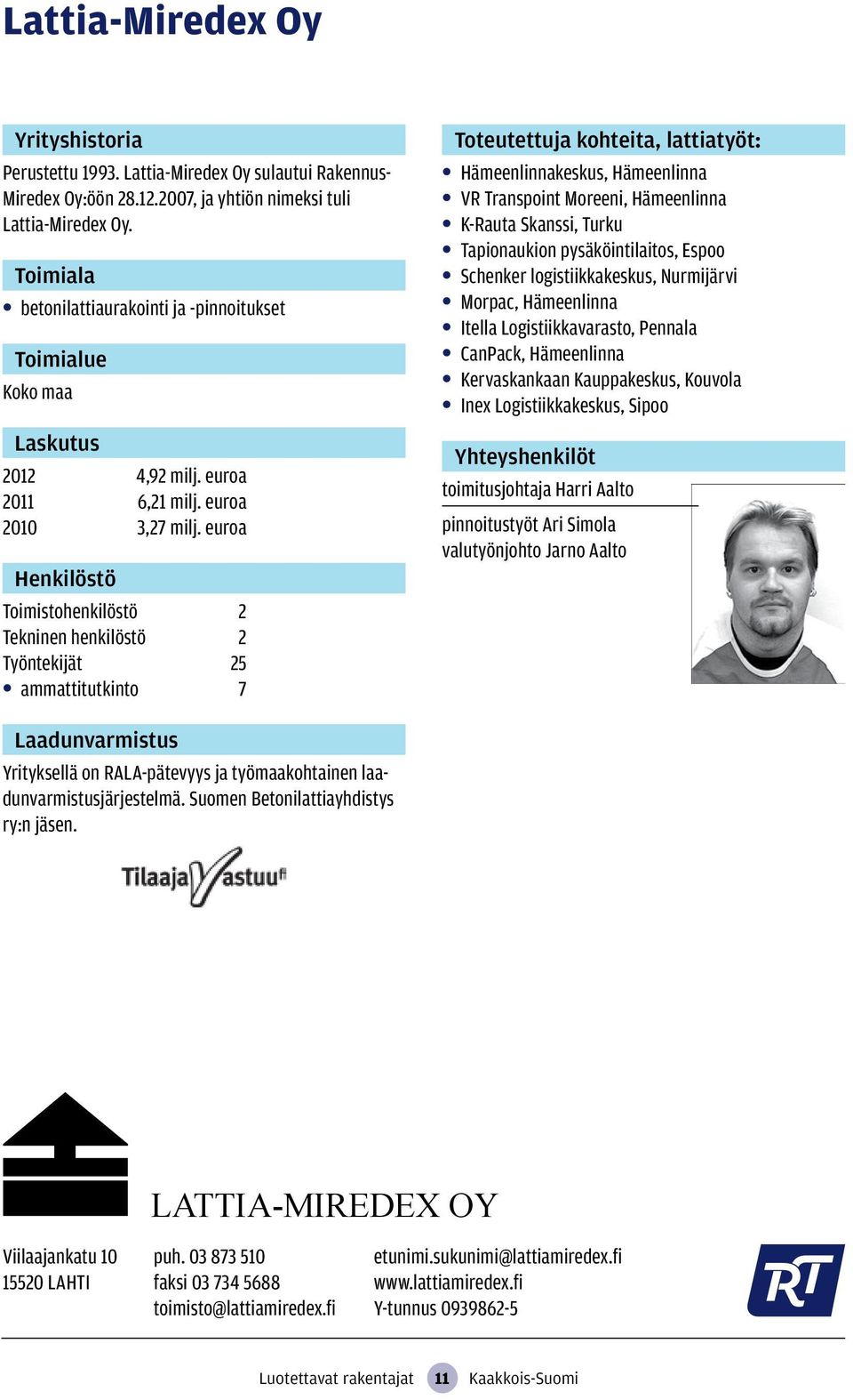 euroa Toimistohenkilöstö 2 Tekninen henkilöstö 2 Työntekijät 25 ammattitutkinto 7, lattiatyöt: Hämeenlinnakeskus, Hämeenlinna VR Transpoint Moreeni, Hämeenlinna K-Rauta Skanssi, Turku Tapionaukion