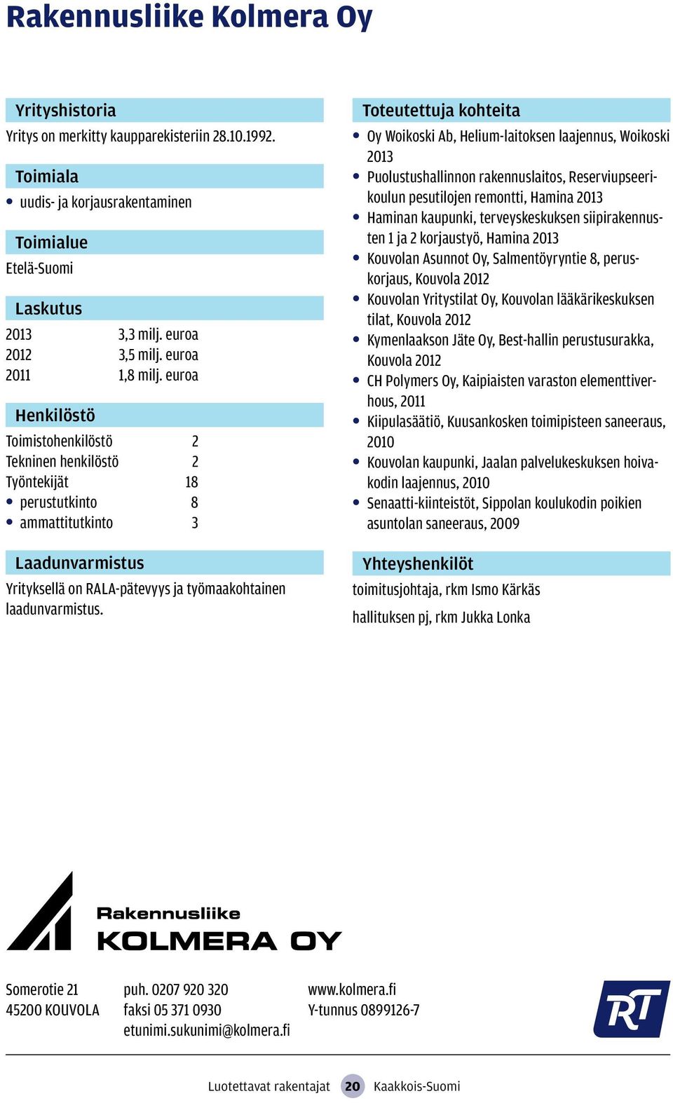 Oy Woikoski Ab, Helium-laitoksen laajennus, Woikoski 2013 Puolustushallinnon rakennuslaitos, Reserviupseerikoulun pesutilojen remontti, Hamina 2013 Haminan kaupunki, terveyskeskuksen siipirakennusten