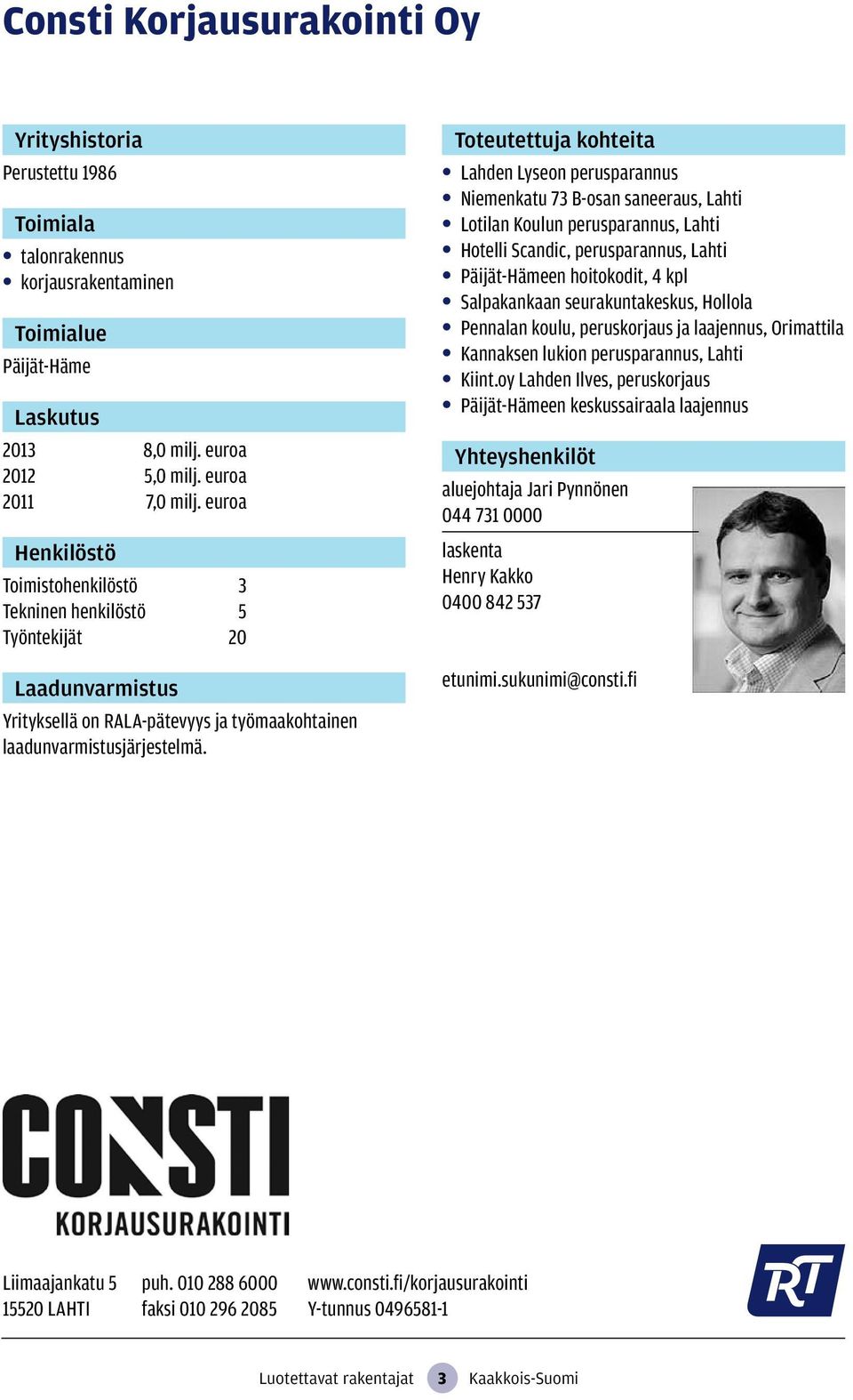 Lahden Lyseon perusparannus Niemenkatu 73 B-osan saneeraus, Lahti Lotilan Koulun perusparannus, Lahti Hotelli Scandic, perusparannus, Lahti Päijät-Hämeen hoitokodit, 4 kpl Salpakankaan