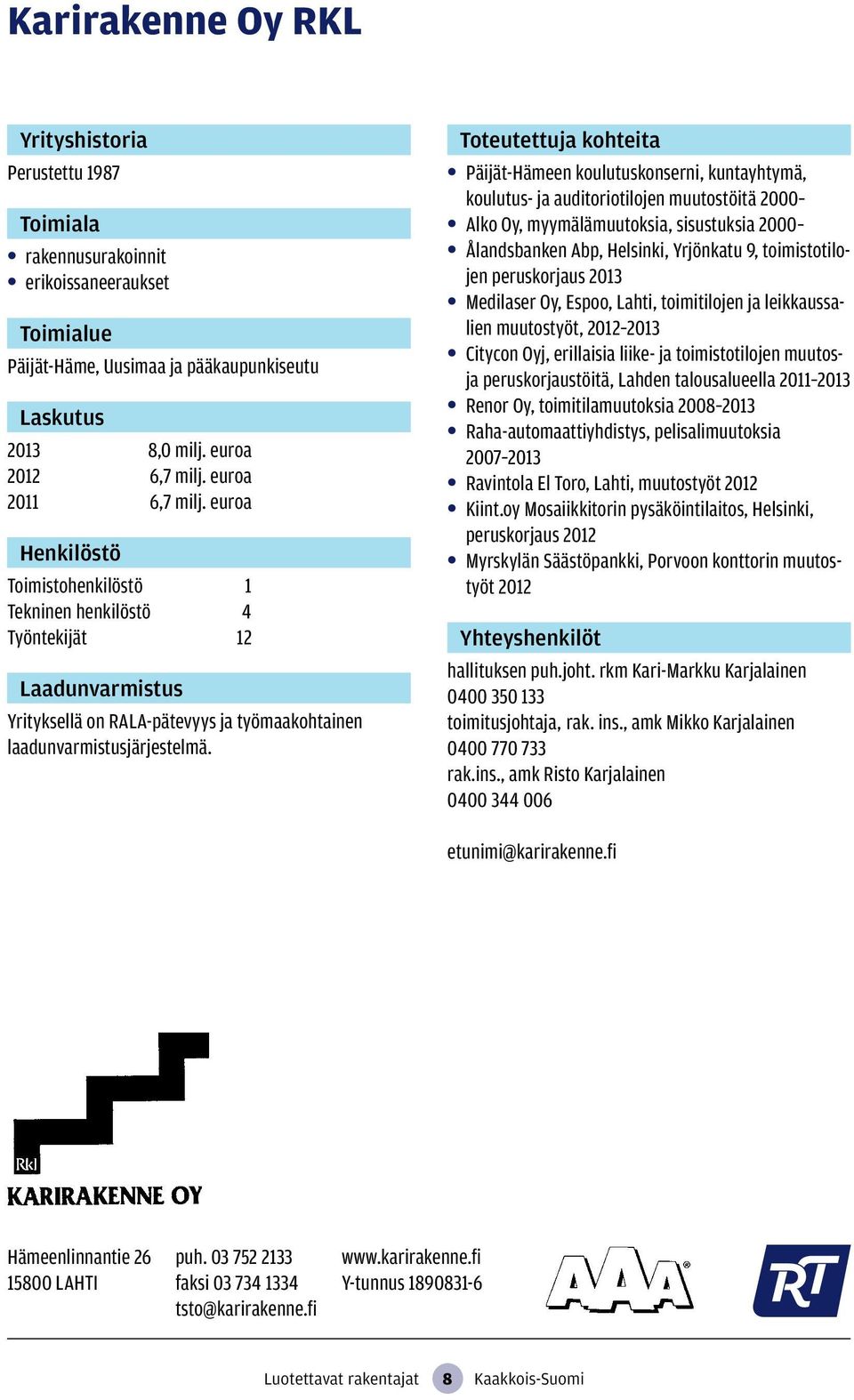 Päijät-Hämeen koulutuskonserni, kuntayhtymä, koulutus- ja auditoriotilojen muutostöitä 2000 Alko Oy, myymälämuutoksia, sisustuksia 2000 Ålandsbanken Abp, Helsinki, Yrjönkatu 9, toimistotilojen