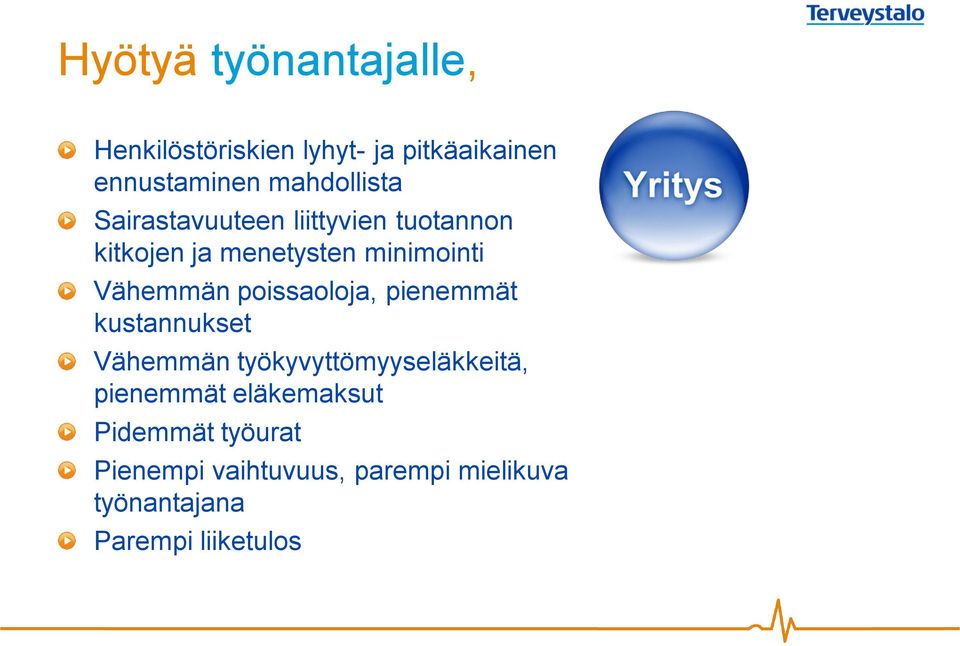 Vähemmän poissaoloja, pienemmät kustannukset Vähemmän työkyvyttömyyseläkkeitä,
