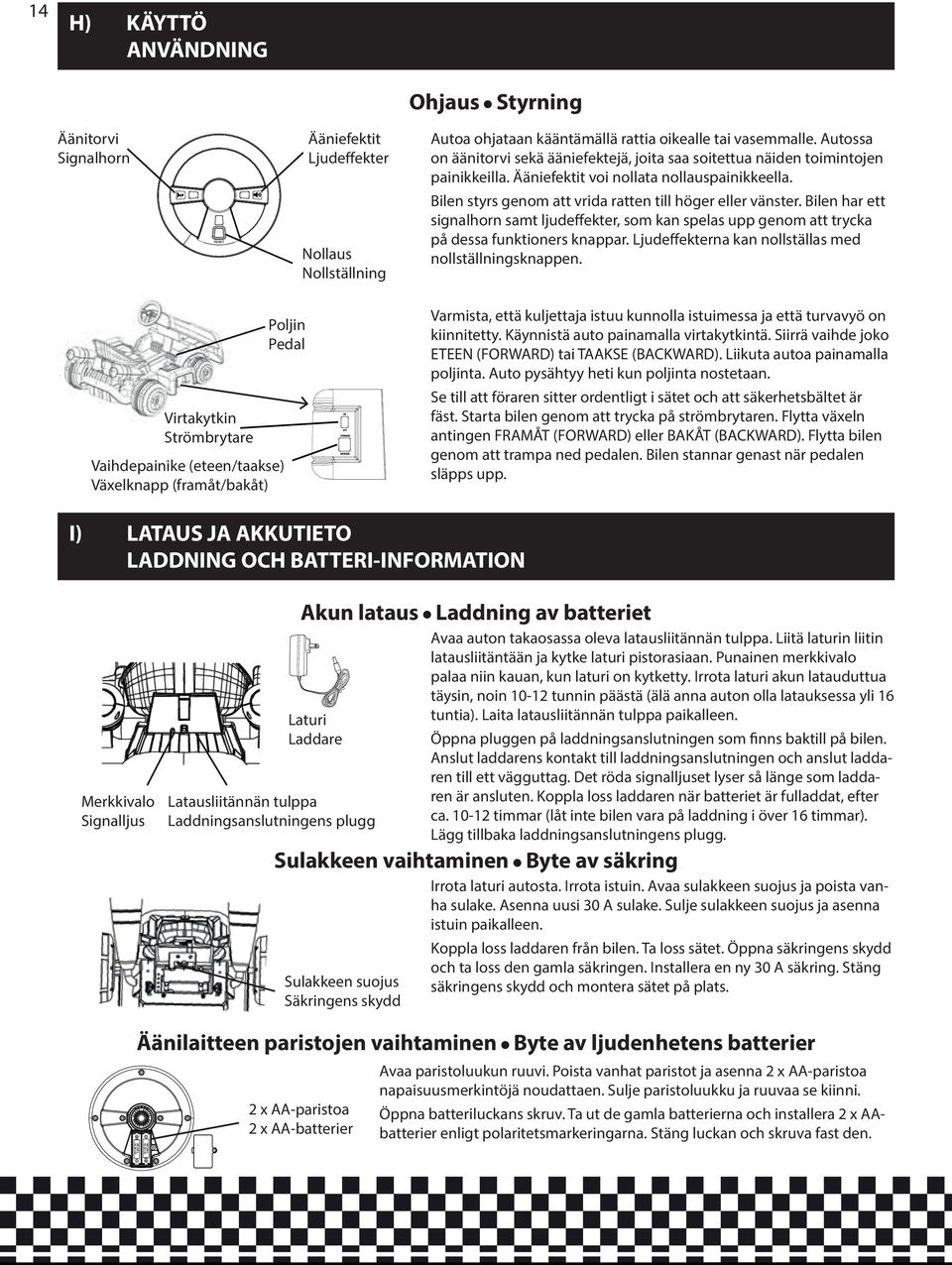 Bilen har ett signalhorn samt ljudeffekter, som kan spelas upp genom att trycka på dessa funktioners knappar. Ljudeffekterna kan nollställas med nollställningsknappen.