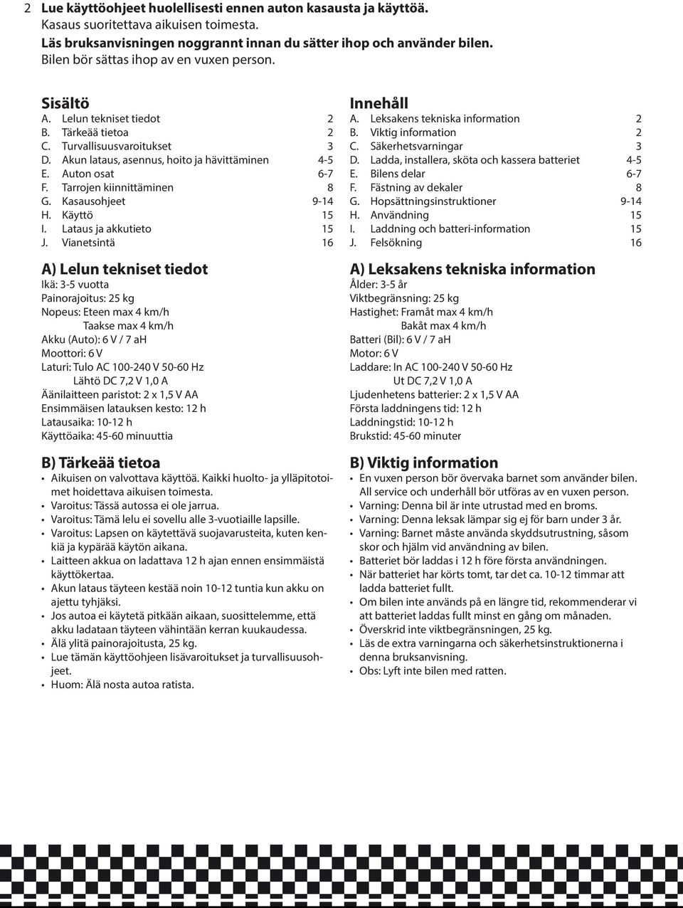 Tarrojen kiinnittäminen 8 G. Kasausohjeet 9-14 H. Käyttö 15 I. Lataus ja akkutieto 15 J.