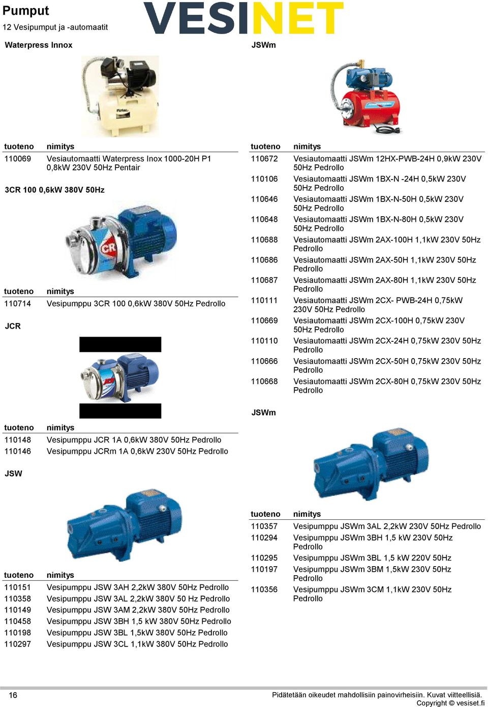 1BX-N -24H 0,5kW 230V 50Hz Pedrollo Vesiautomaatti JSWm 1BX-N-50H 0,5kW 230V 50Hz Pedrollo Vesiautomaatti JSWm 1BX-N-80H 0,5kW 230V 50Hz Pedrollo Vesiautomaatti JSWm 2AX-100H 1,1kW 230V 50Hz Pedrollo