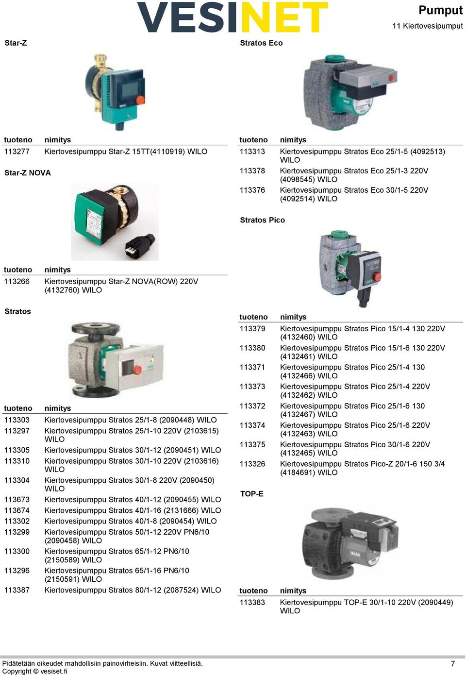31113673 31113674 31113302 31113299 31113300 31113296 31113387 Kiertovesipumppu Stratos 25/1-8 (2090448) Kiertovesipumppu Stratos 25/1-10 220V (2103615) Kiertovesipumppu Stratos 30/1-12 (2090451)