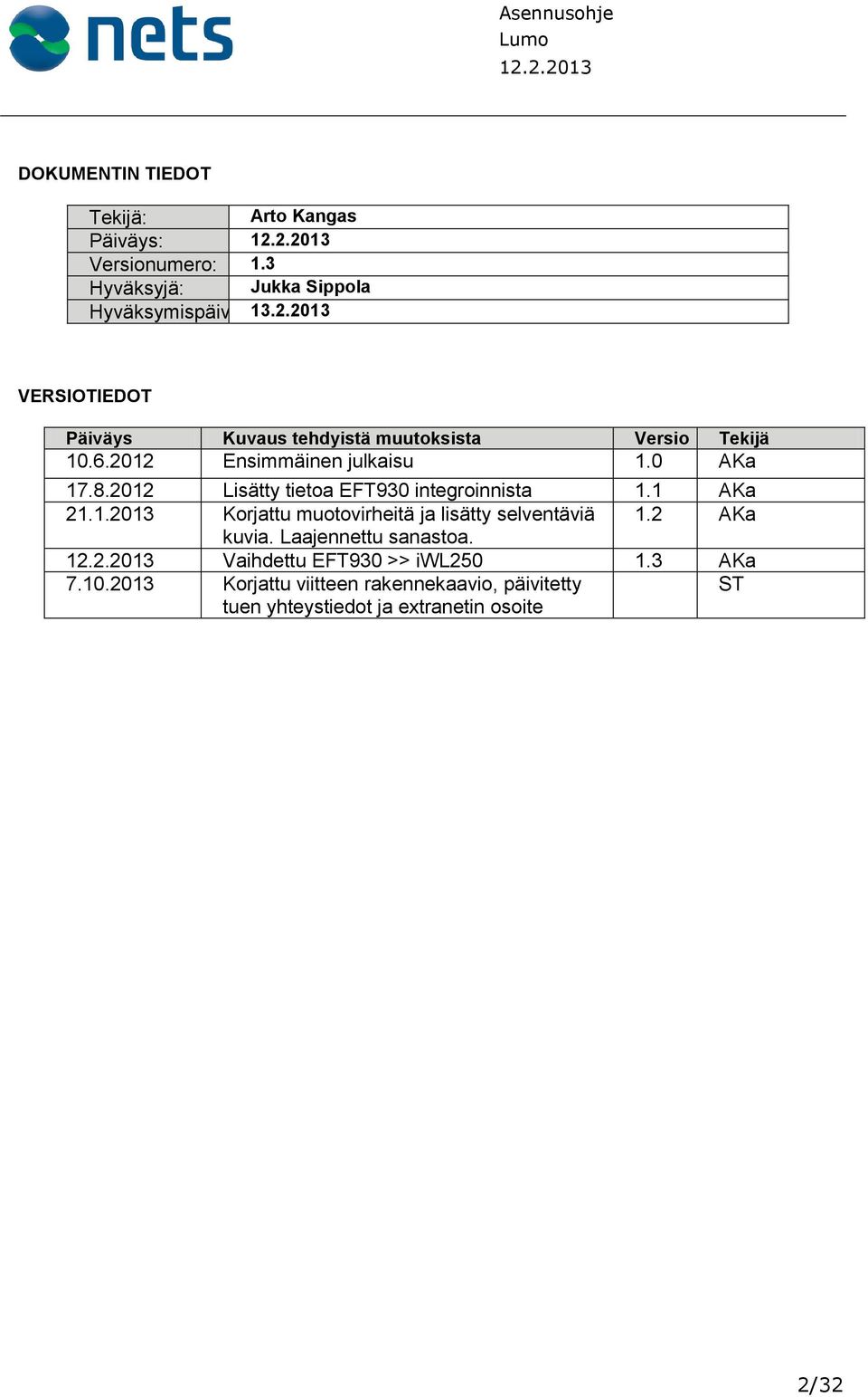 2012 Lisätty tietoa EFT930 integroinnista 1.1 AKa 21.1.2013 Korjattu muotovirheitä ja lisätty selventäviä 1.2 AKa kuvia.