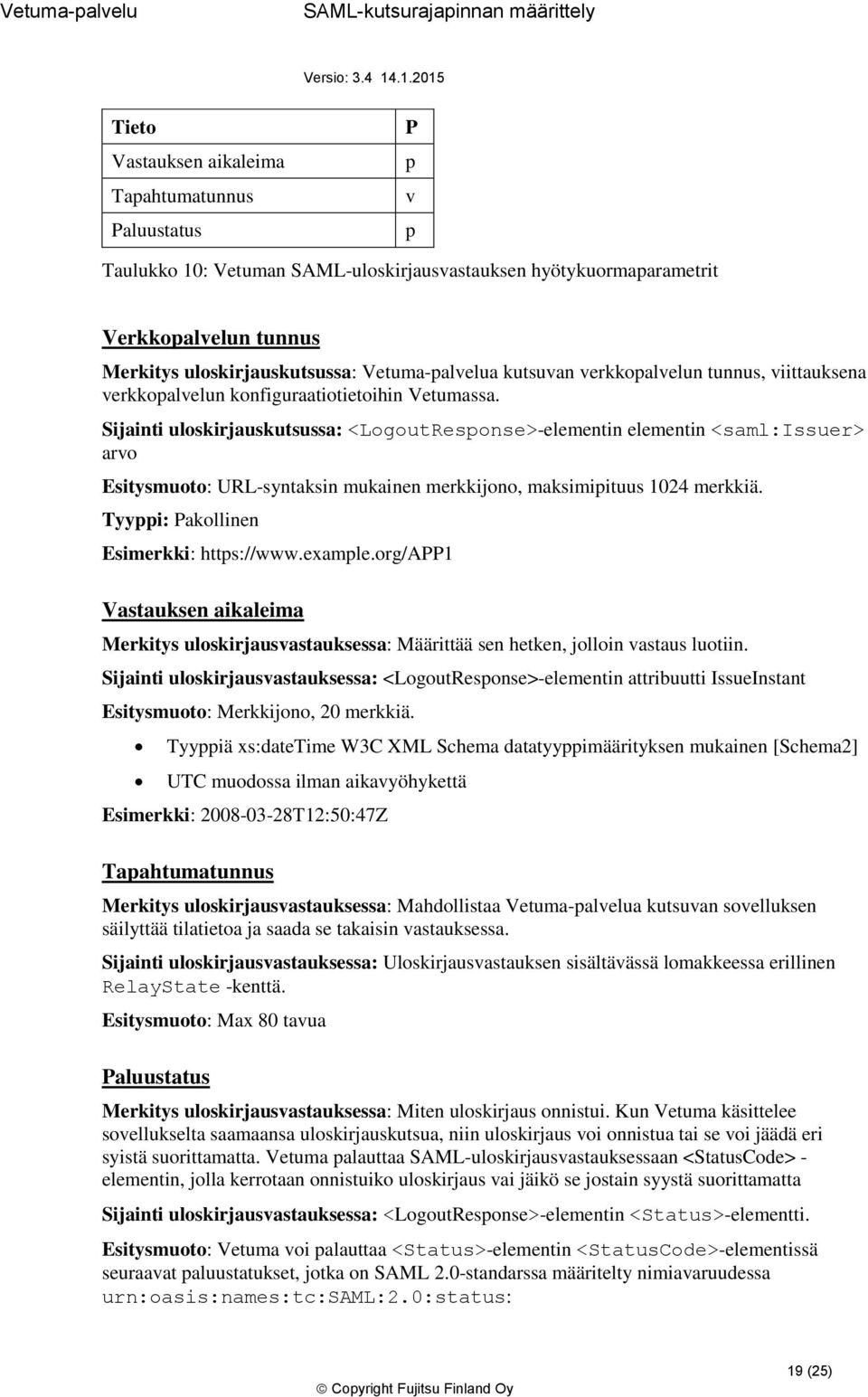 Sijainti uloskirjauskutsussa: <LogoutResponse>-elementin elementin <saml:issuer> arvo Esitysmuoto: URL-syntaksin mukainen merkkijono, maksimipituus 1024 merkkiä.