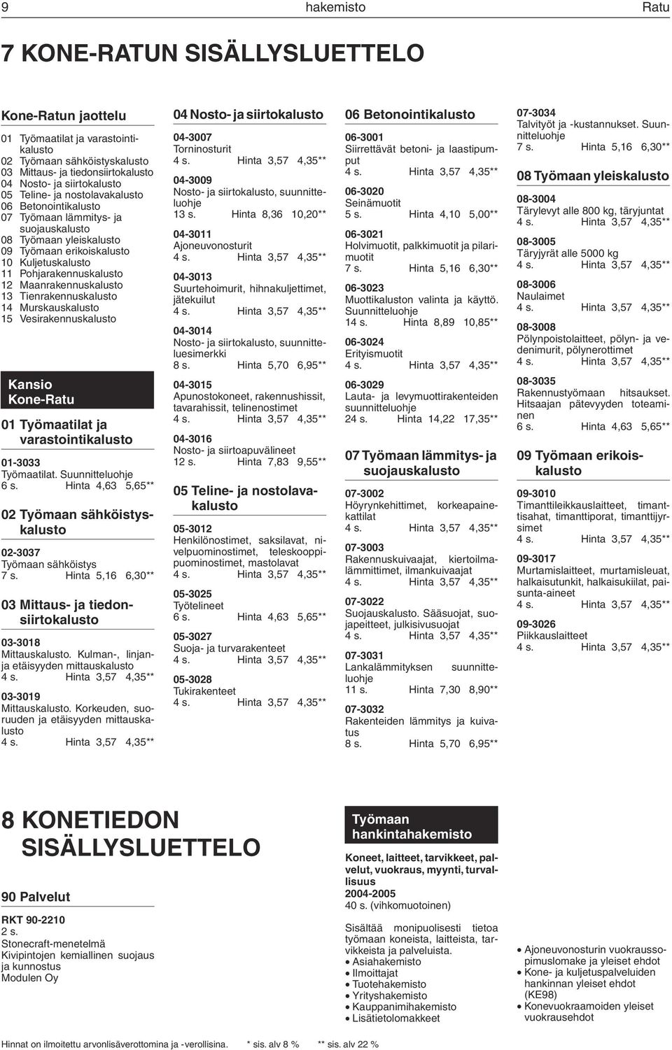 Maanrakennuskalusto 13 Tienrakennuskalusto 14 Murskauskalusto 15 Vesirakennuskalusto Kansio Kone-Ratu 01 Työmaatilat ja varastointikalusto 01-3033 Työmaatilat.