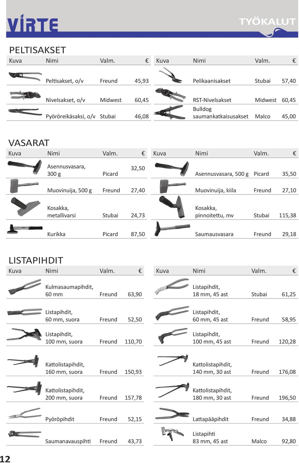 Peltisakset, o/v Freund 45,93 Pelikaanisakset Stubai 57,40 Nivelsakset, o/v Midwest 60,45 RST-Nivelsakset Midwest 60,45 Pyöröreikäsaksi, o/v Stubai 46,08 Bulldog saumankatkaisusakset Malco 45,00