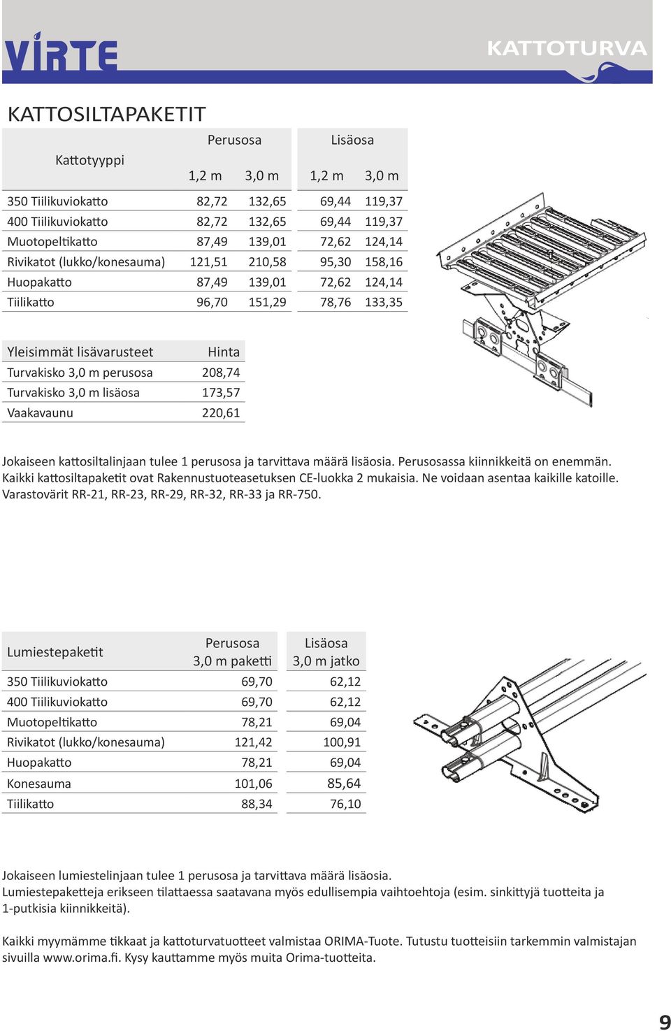 perusosa 208,74 Turvakisko 3,0 m lisäosa 173,57 Vaakavaunu 220,61 Jokaiseen kattosiltalinjaan tulee 1 perusosa ja tarvittava määrä lisäosia. Perusosassa kiinnikkeitä on enemmän.