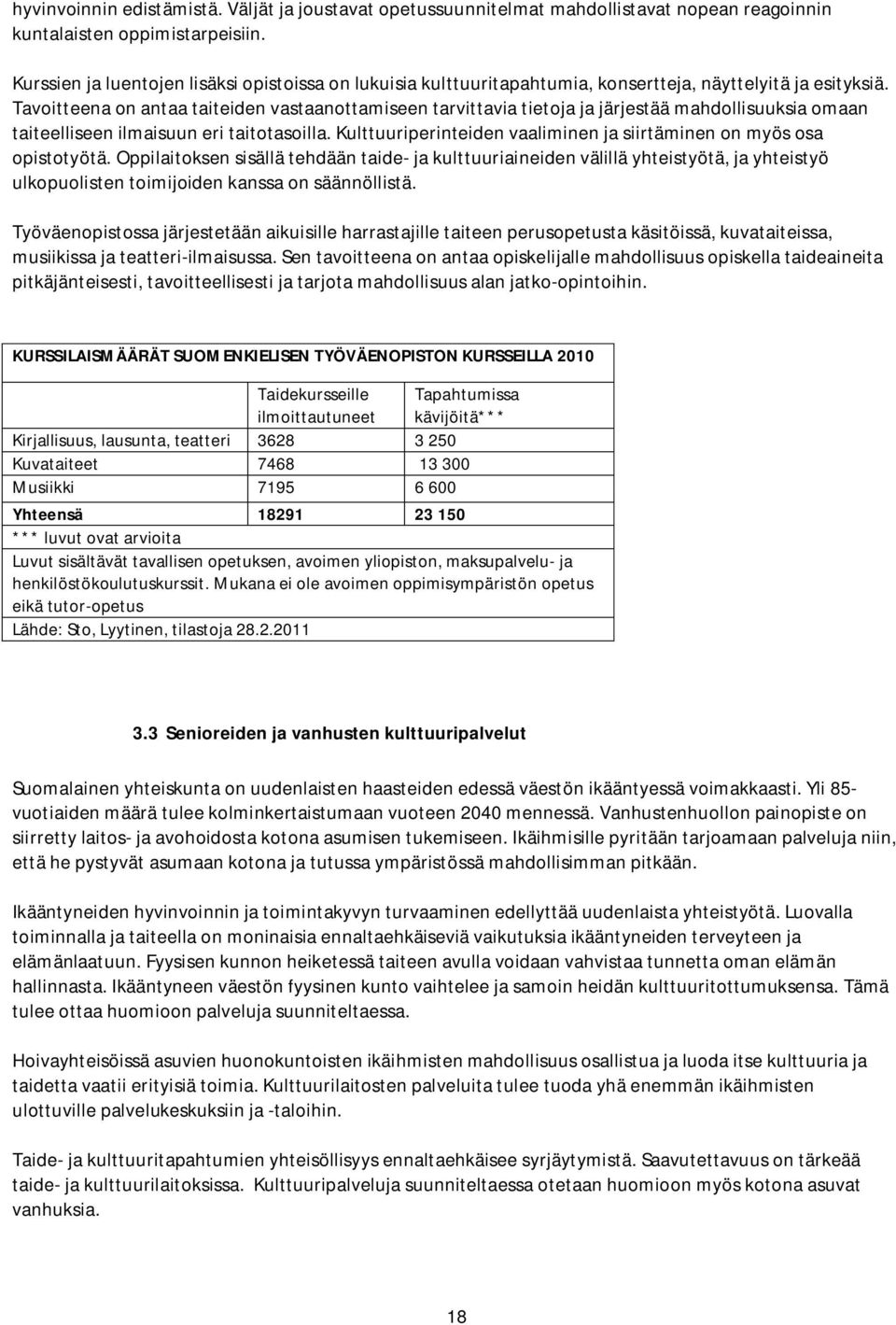 Tavoitteena on antaa taiteiden vastaanottamiseen tarvittavia tietoja ja järjestää mahdollisuuksia omaan taiteelliseen ilmaisuun eri taitotasoilla.