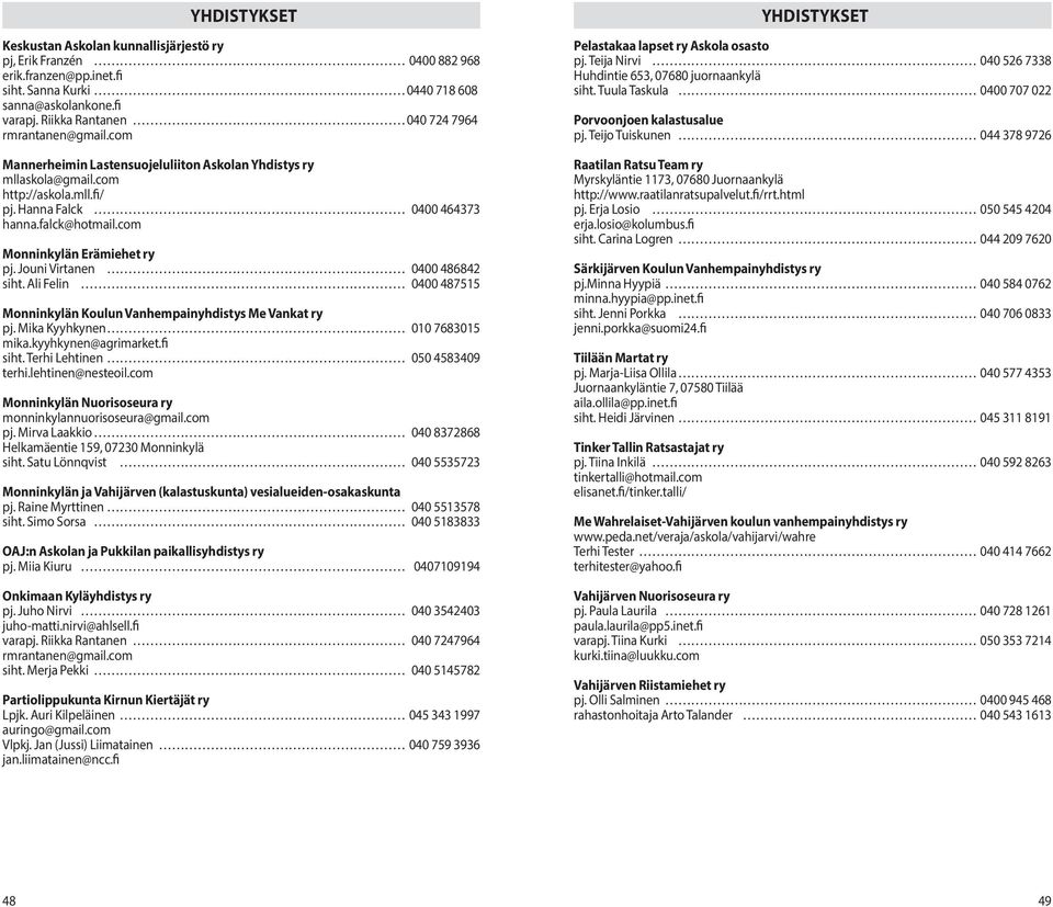 com Monninkylän Erämiehet ry pj. Jouni Virtanen 0400 486842 siht. Ali Felin 0400 487515 Monninkylän Koulun Vanhempainyhdistys Me Vankat ry pj. Mika Kyyhkynen 010 7683015 mika.kyyhkynen@agrimarket.