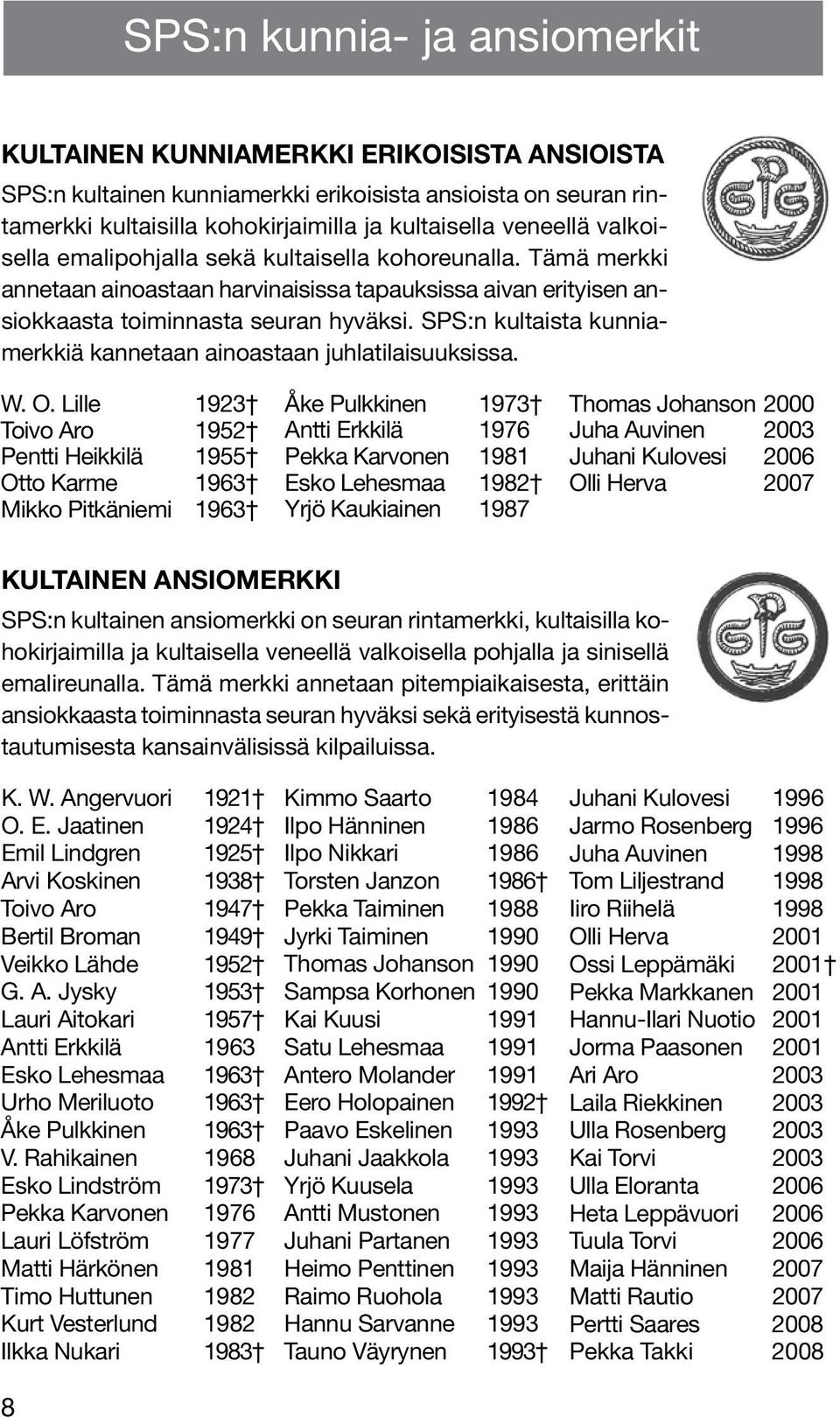 SPS:n kultaista kunniamerkkiä kannetaan ainoastaan juhlatilaisuuksissa. W. O.