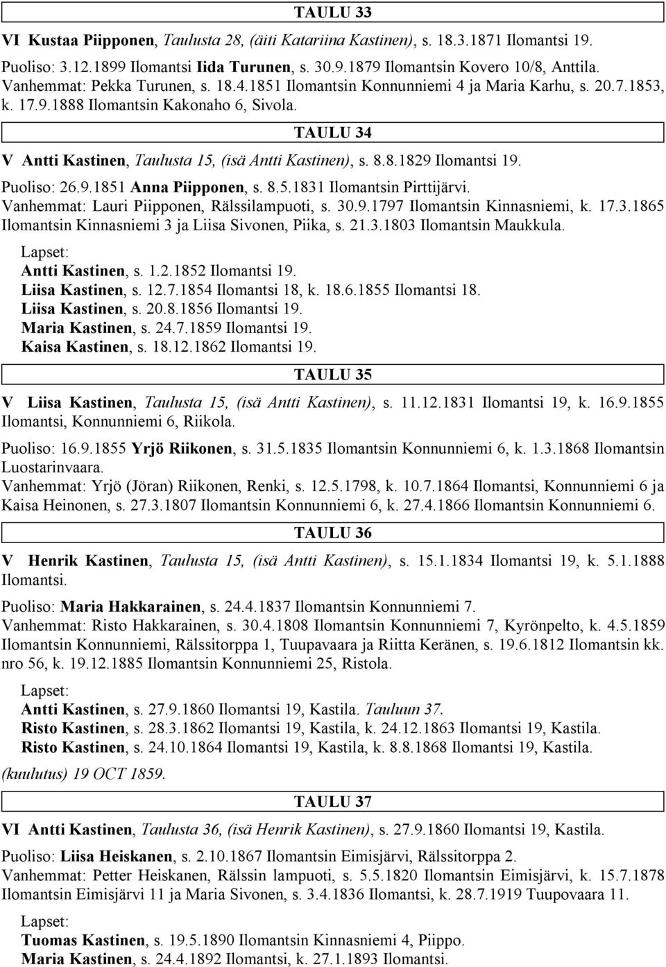 TAULU 34 V Antti Kastinen, Taulusta 15, (isä Antti Kastinen), s. 8.8.1829 Ilomantsi 19. Puoliso: 26.9.1851 Anna Piipponen, s. 8.5.1831 Ilomantsin Pirttijärvi.