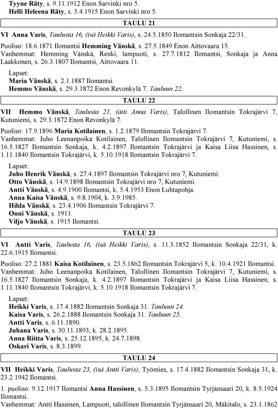 1807 Ilomantsi, Aittovaara 11. Maria Vänskä, s. 2.1.1887 Ilomantsi. Hemmo Vänskä, s. 29.3.1872 Enon Revonkylä 7. Tauluun 22.