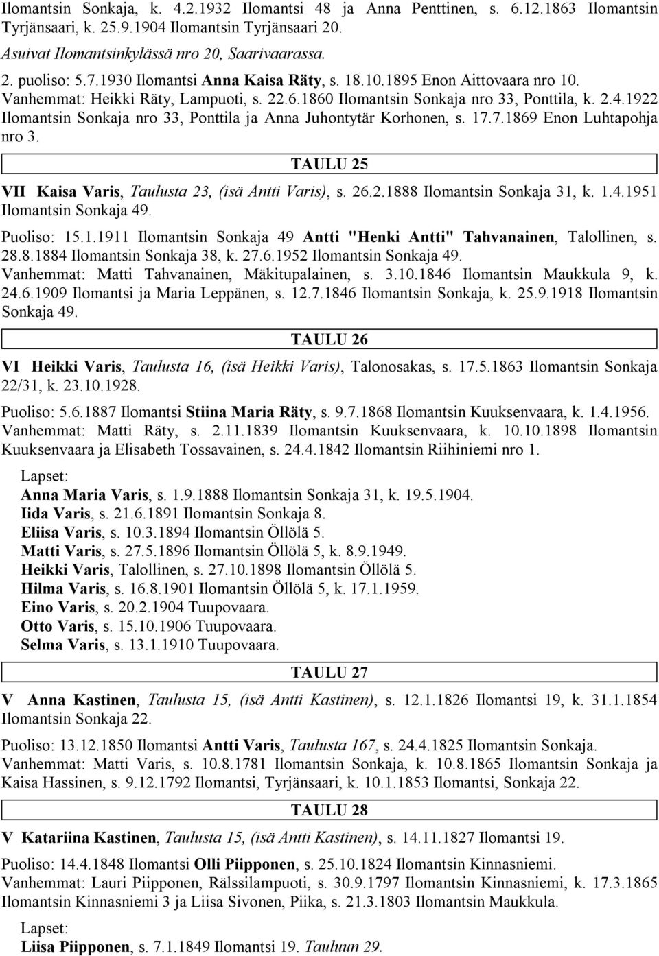 1922 Ilomantsin Sonkaja nro 33, Ponttila ja Anna Juhontytär Korhonen, s. 17.7.1869 Enon Luhtapohja nro 3. TAULU 25 VII Kaisa Varis, Taulusta 23, (isä Antti Varis), s. 26.2.1888 Ilomantsin Sonkaja 31, k.