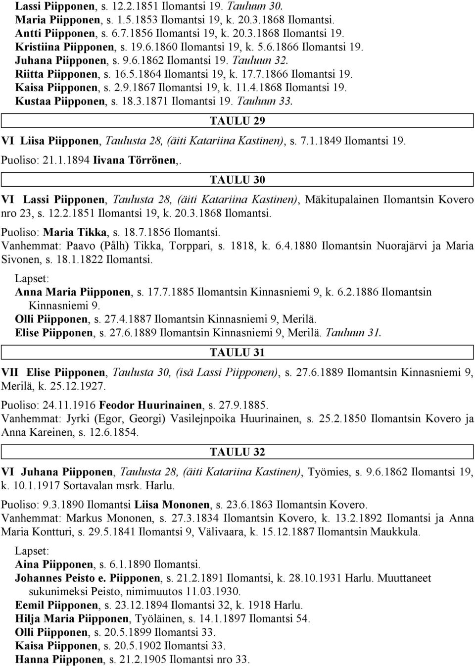 2.9.1867 Ilomantsi 19, k. 11.4.1868 Ilomantsi 19. Kustaa Piipponen, s. 18.3.1871 Ilomantsi 19. Tauluun 33. TAULU 29 VI Liisa Piipponen, Taulusta 28, (äiti Katariina Kastinen), s. 7.1.1849 Ilomantsi 19.