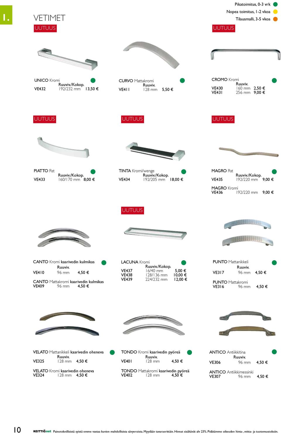 VE410 96 mm 4,50 CANTO Mattakromi kaarivedin kulmikas VE409 96 mm 4,50 LACUNA Kromi Ruuviv./Kokop. VE437 16/40 mm 5,00 VE438 128/136 mm 10,00 VE439 224/232 mm 12,00 PUNTO Mattanikkeli Ruuviv.