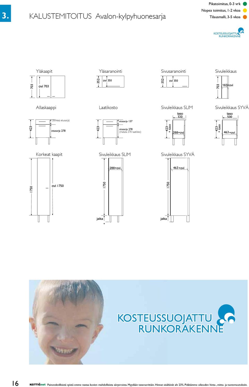 423 + taso 423 + taso 463 Korkeat kaapit Sivuleikkaus SLIM Sivuleikkaus SYVÄ 463 1750 1750 1750 1750 KOSTEUSSUOJATTU RUNKORAKENNE 16 Painoteknillisistä