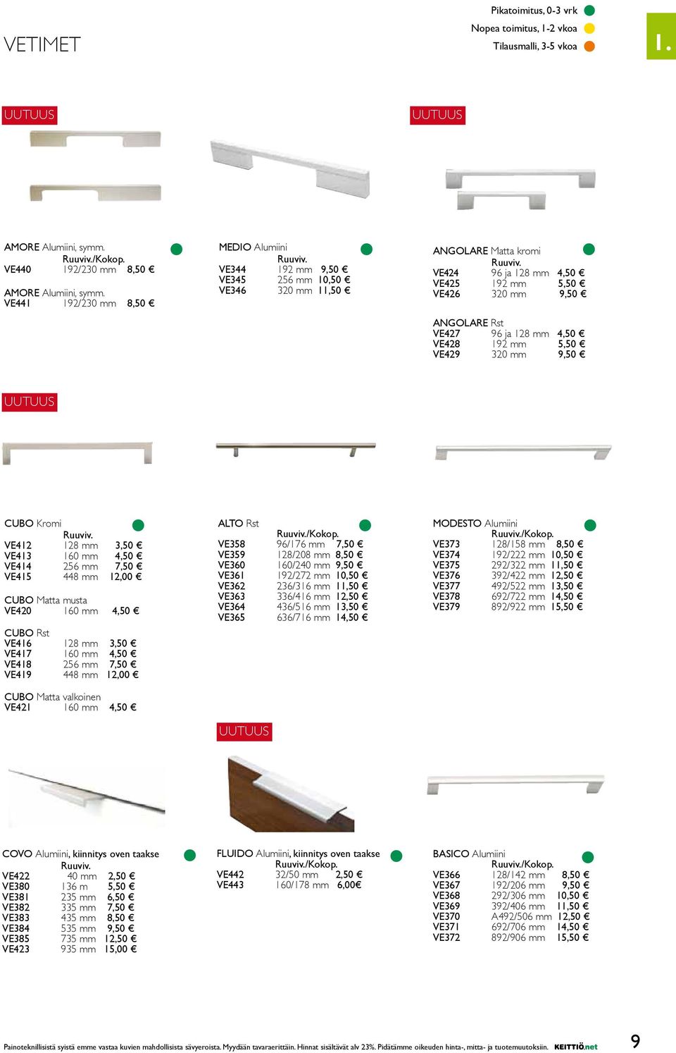 VE424 96 ja 128 mm 4,50 VE425 192 mm 5,50 VE426 320 mm 9,50 ANGOLARE Rst VE427 96 ja 128 mm 4,50 VE428 192 mm 5,50 VE429 320 mm 9,50 UUTUUS CUBO Kromi Ruuviv.