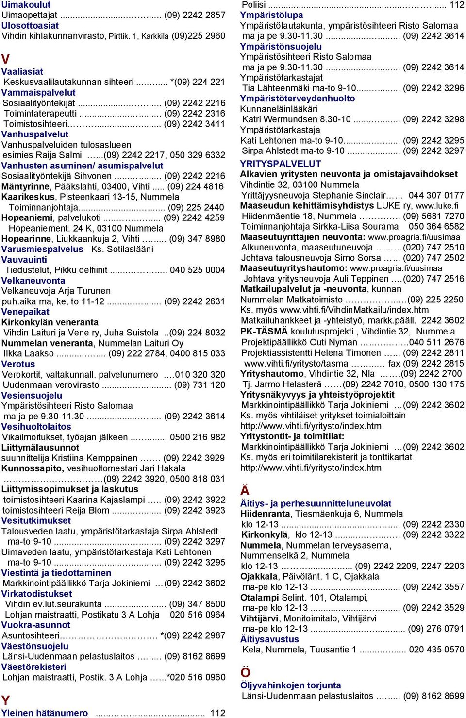 ..... (09) 2242 3411 Vanhuspalvelut Vanhuspalveluiden tulosaslueen esimies Raija Salmi...(09) 2242 2217, 050 329 6332 Vanhusten asuminen/ asumispalvelut Sosiaalityöntekijä Sihvonen.