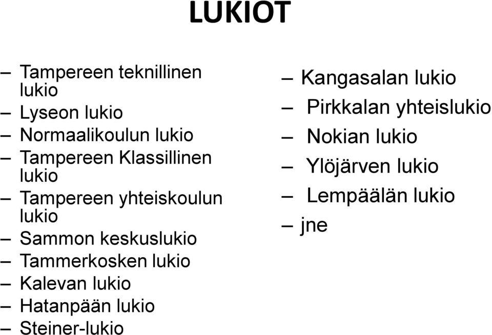 keskuslukio Tammerkosken lukio Kalevan lukio Hatanpään lukio