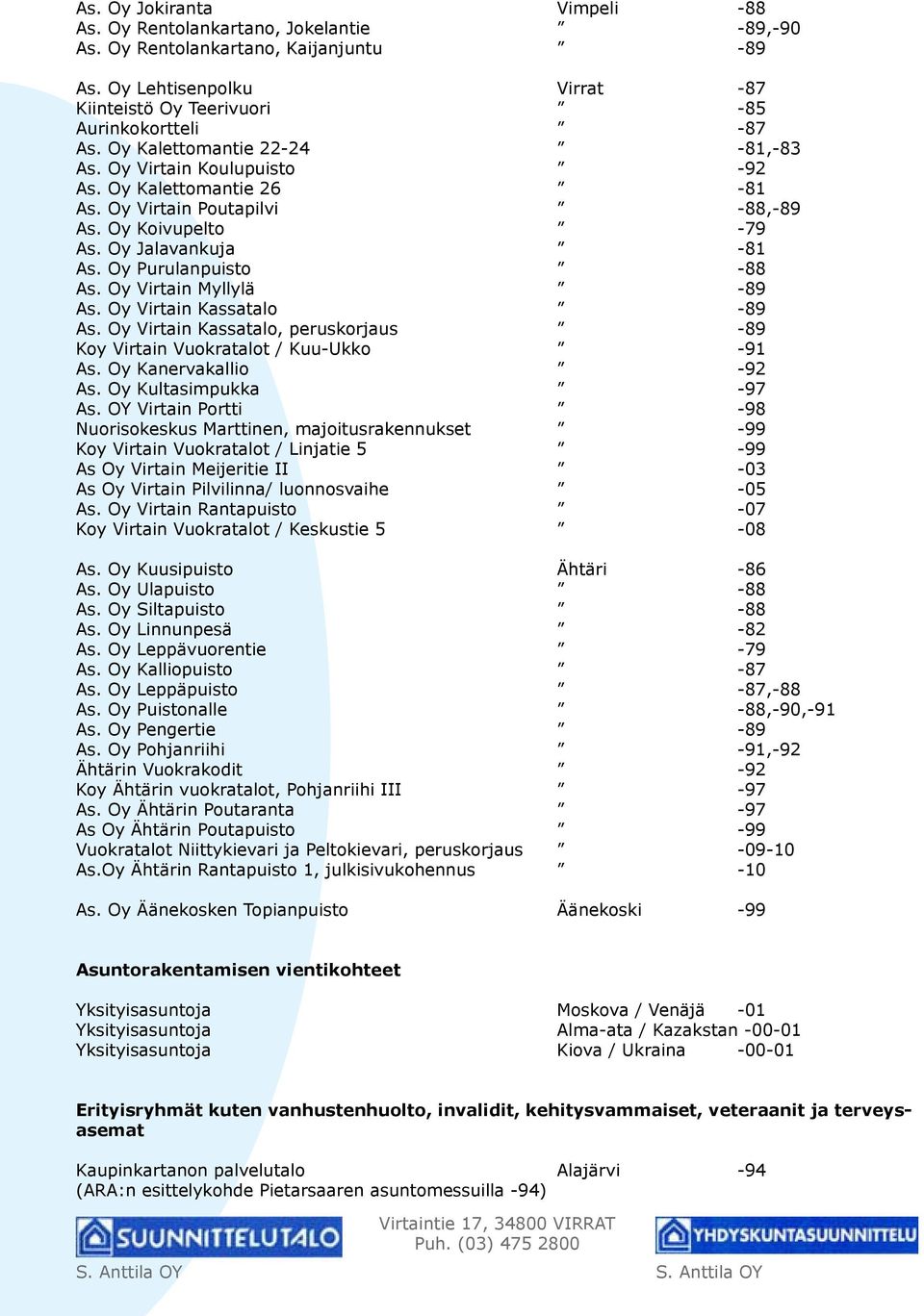 Oy Virtain Myllylä -89 As. Oy Virtain Kassatalo -89 As. Oy Virtain Kassatalo, peruskorjaus -89 Koy Virtain Vuokratalot / Kuu-Ukko -91 As. Oy Kanervakallio -92 As. Oy Kultasimpukka -97 As.