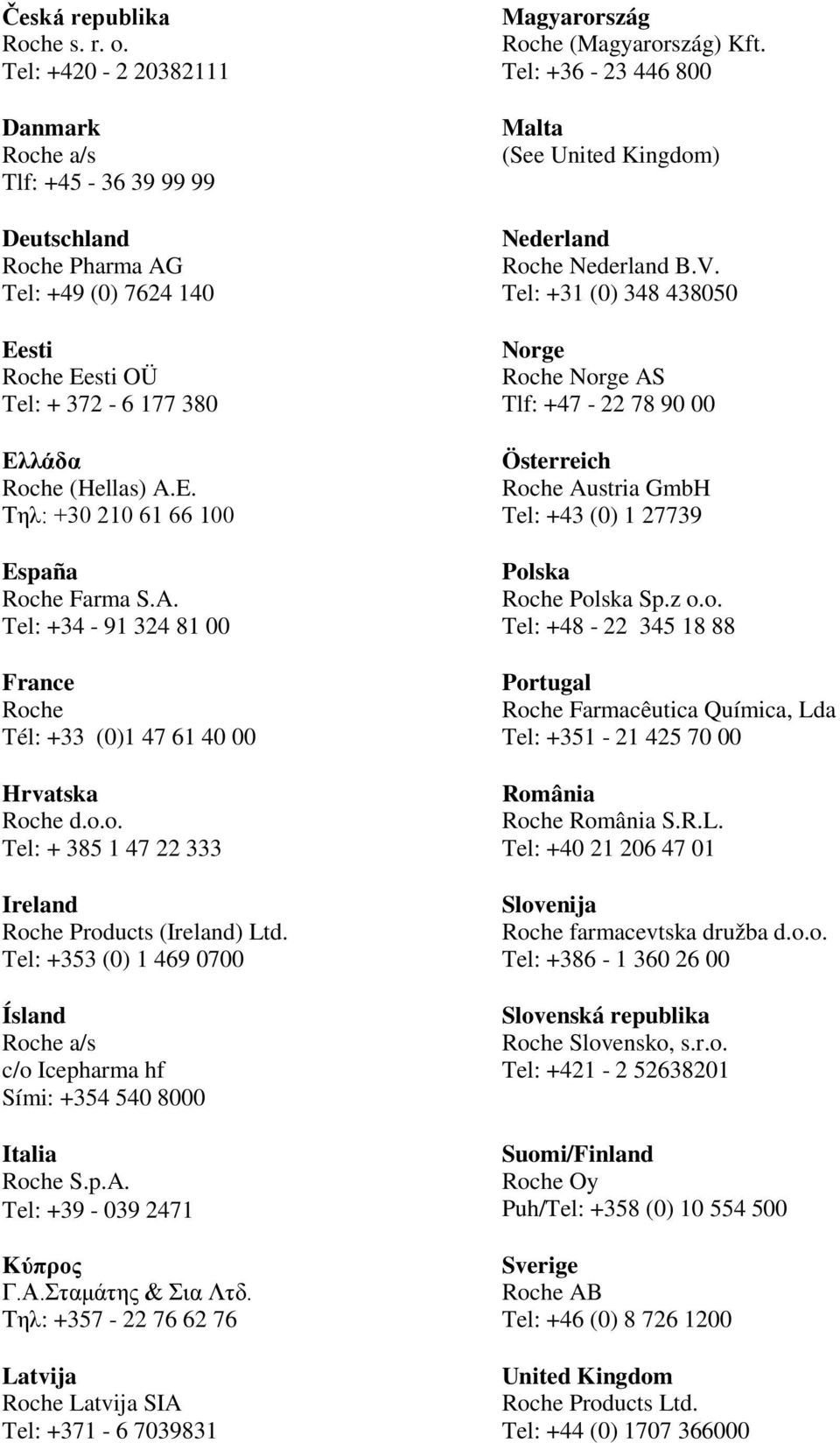 A. Tel: +34-91 324 81 00 France Roche Tél: +33 (0)1 47 61 40 00 Hrvatska Roche d.o.o. Tel: + 385 1 47 22 333 Ireland Roche Products (Ireland) Ltd.