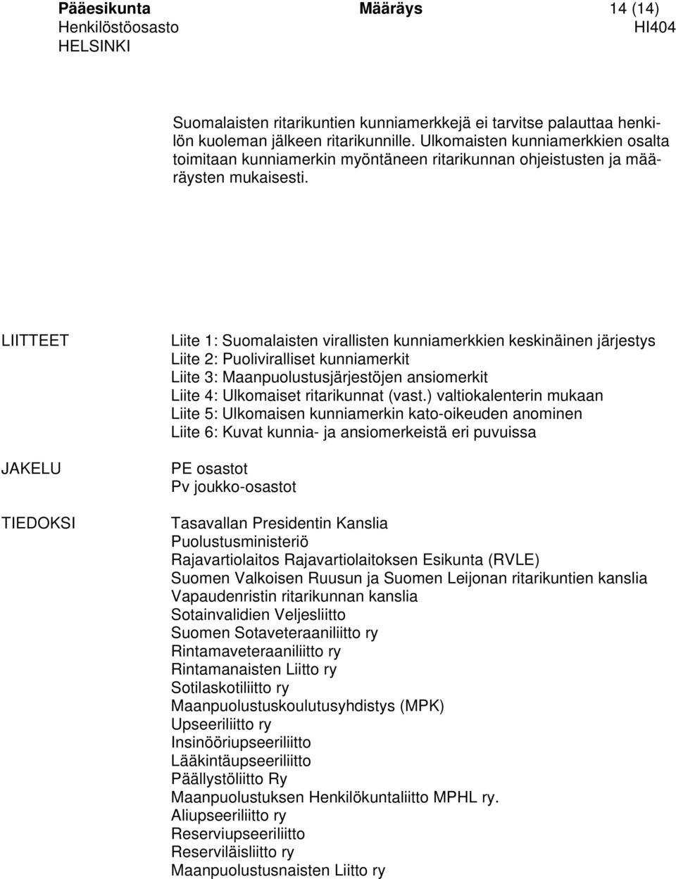 LIITTEET JAKELU TIEDOKSI Liite 1: Suomalaisten virallisten kunniamerkkien keskinäinen järjestys Liite 2: Puoliviralliset kunniamerkit Liite 3: Maanpuolustusjärjestöjen ansiomerkit Liite 4: Ulkomaiset