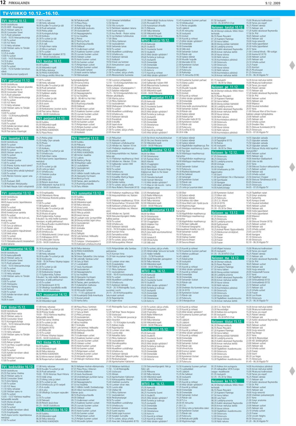 30 Tohtorit 15.00 Tv-uutiset 15.05-15.54 Kahden kerroksen väkeä 16.00 Eduskunnan kyselytunti TV1 perjantai 11.12. 04.00 Uutisikkuna 05.55 Tosi tarina : Naurun pisaroita 06.25 Ykkösen aamu-tv 09.