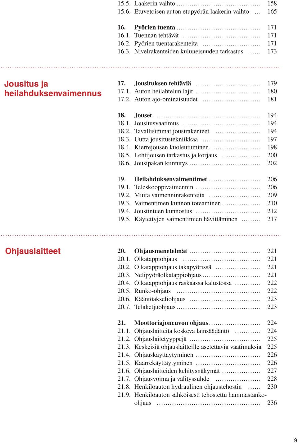 2. Tavallisimmat jousirakenteet t 194 18.3. Uutta jousitustekniikkaa 197 18.4. Kierrejousen kuoleutuminen 198 18.5. Lehtijousen tarkastus ja korjaus 200 18.6. Jousipakan kiinnitys 202 19.