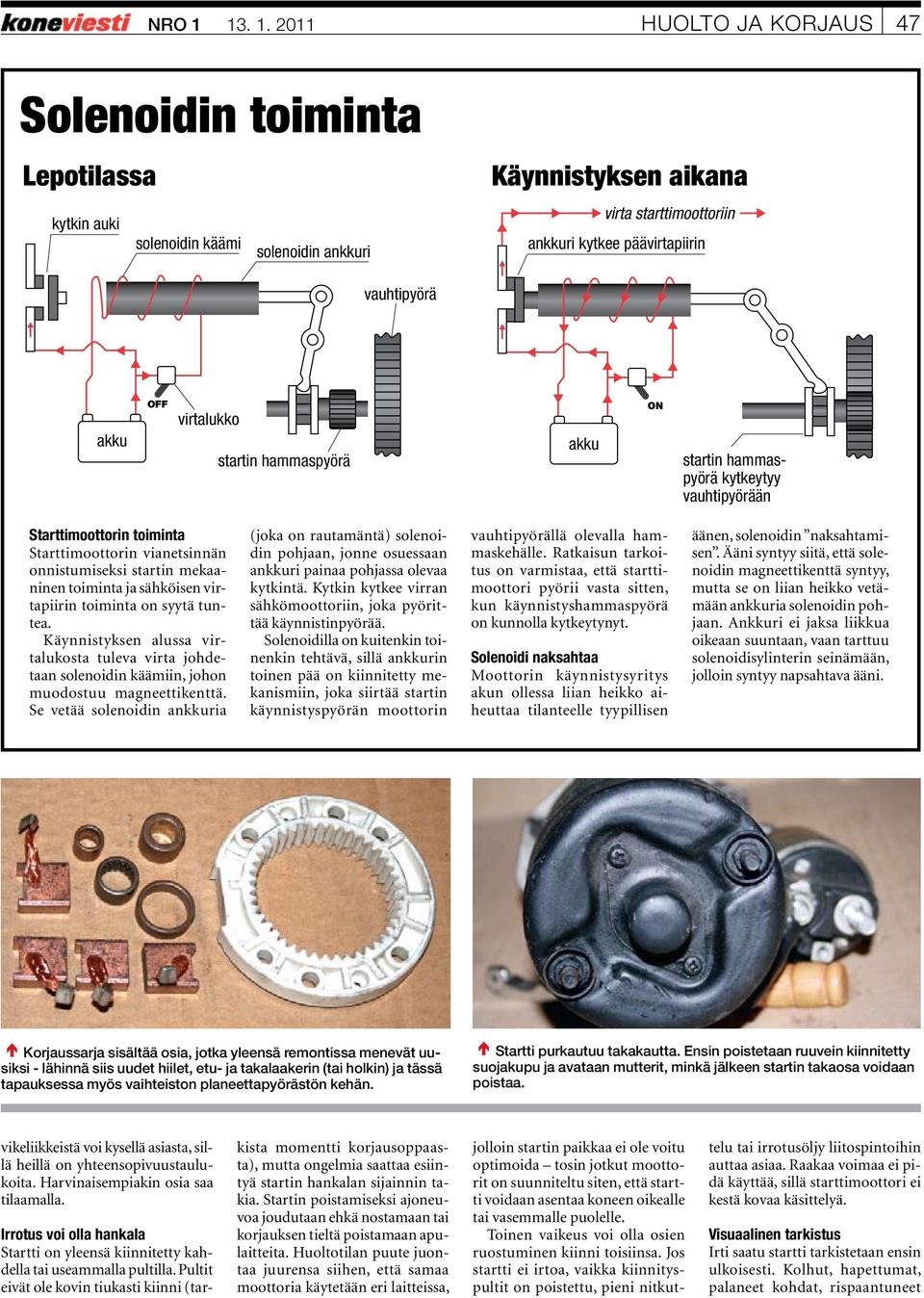 2011 HUOLTO JA KORJAUS 47 Solenoidin toiminta Lepotilassa kytkin auki solenoidin käämi solenoidin ankkuri OFF virtalukko Käynnistyksen aikana virta starttimoottoriin ankkuri kytkee päävirtapiirin