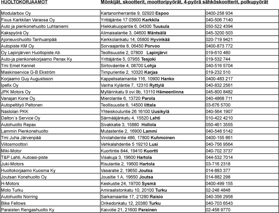 Yrittäjäntie 17 03600 Karkkila Hiekkakuopantie 6, 04300 Tuusula Alimaisalantie 3, 04600 Mäntsälä Kerkkolankatu 14, 05800 Hyvinkää Sorvaajantie 8, 06450 Porvoo Teollisuustie 2, 07800 Lapinjärvi