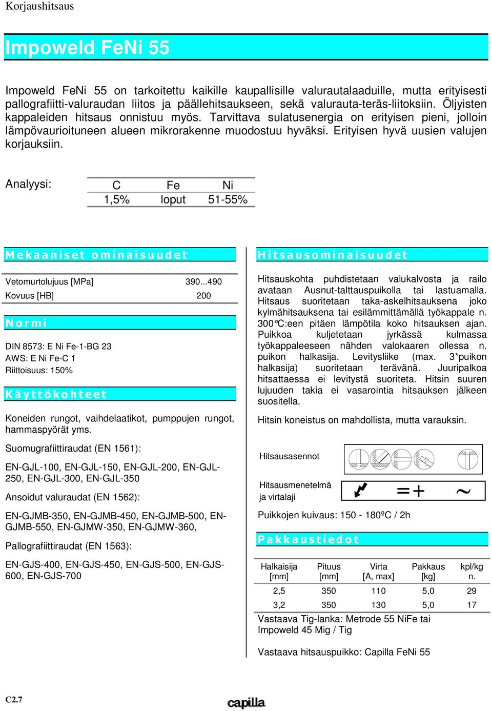 Erityisen hyvä uusien valujen korjauksii Analyysi: C Fe Ni 1,5% loput 51-55% M e k a a n i s e t o m i n a i s u u d e t Vetomurtolujuus [MPa] 390.