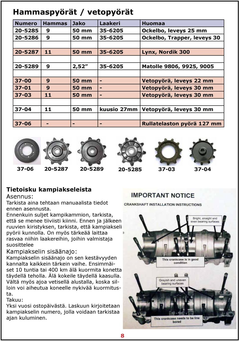 Vetopyörä, leveys 30 mm 37-06 - - - Rullatelaston pyörä 127 mm 37-06 20-5287 20-5289 20-5285 37-03 37-04 Tietoisku kampiakseleista Asennus: Tarkista aina tehtaan manuaalista tiedot ennen asennusta.