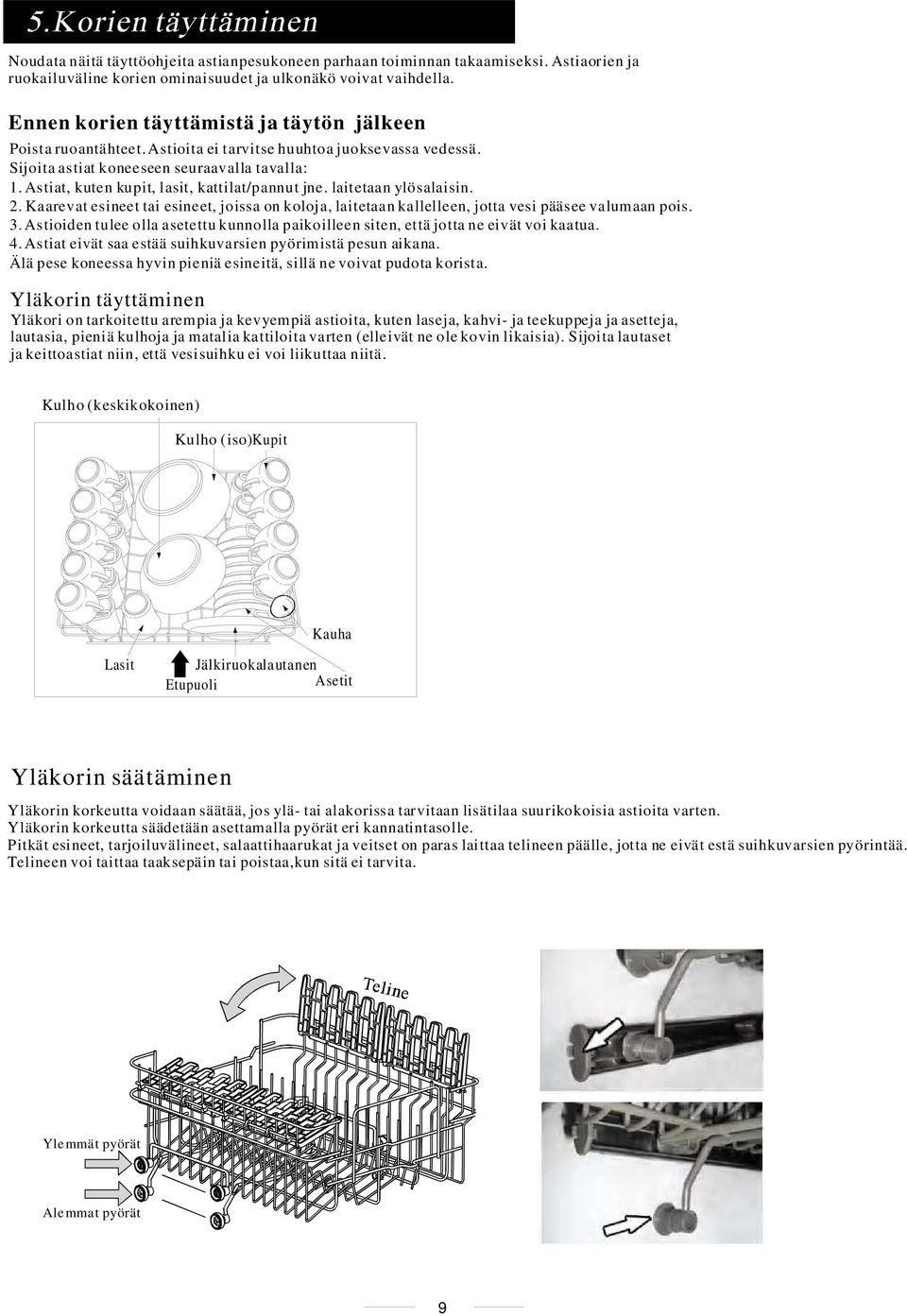 Astiat, kuten kupit, lasit, kattilat/pannut jne. laitetaan ylösalaisin. 2. Kaarevat esineet tai esineet, joissa on koloja, laitetaan kallelleen, jotta vesi pääsee valumaan pois. 3.