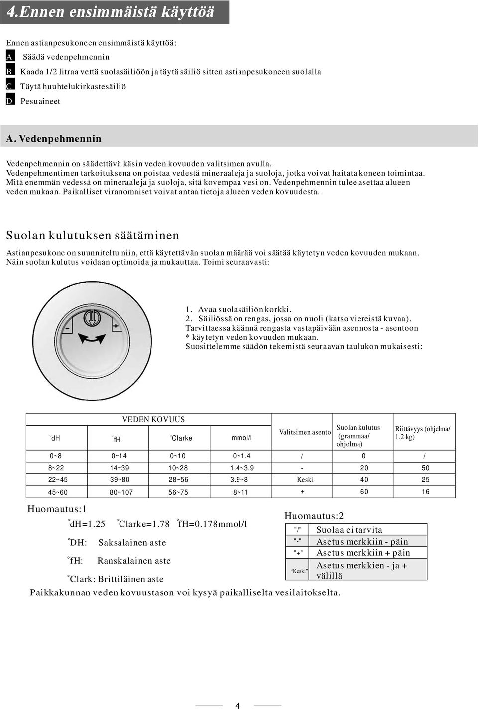 Vedenpehmentimen tarkoituksena on poistaa vedestä mineraaleja ja suoloja, jotka voivat haitata koneen toimintaa. Mitä enemmän vedessä on mineraaleja ja suoloja, sitä kovempaa vesi on.