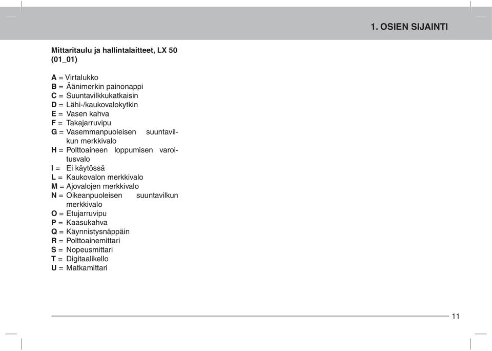 = Polttoaineen loppumisen varoitusvalo I = Ei käytössä L = Kaukovalon merkkivalo M = Ajovalojen merkkivalo N = Oikeanpuoleisen