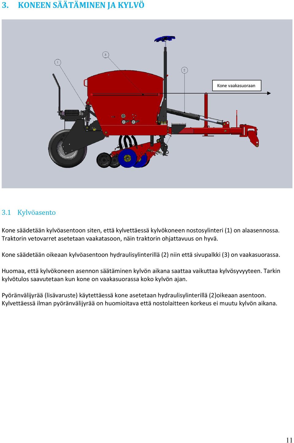 Kone säädetään oikeaan kylvöasentoon hydraulisylinterillä (2) niin että sivupalkki (3) on vaakasuorassa.