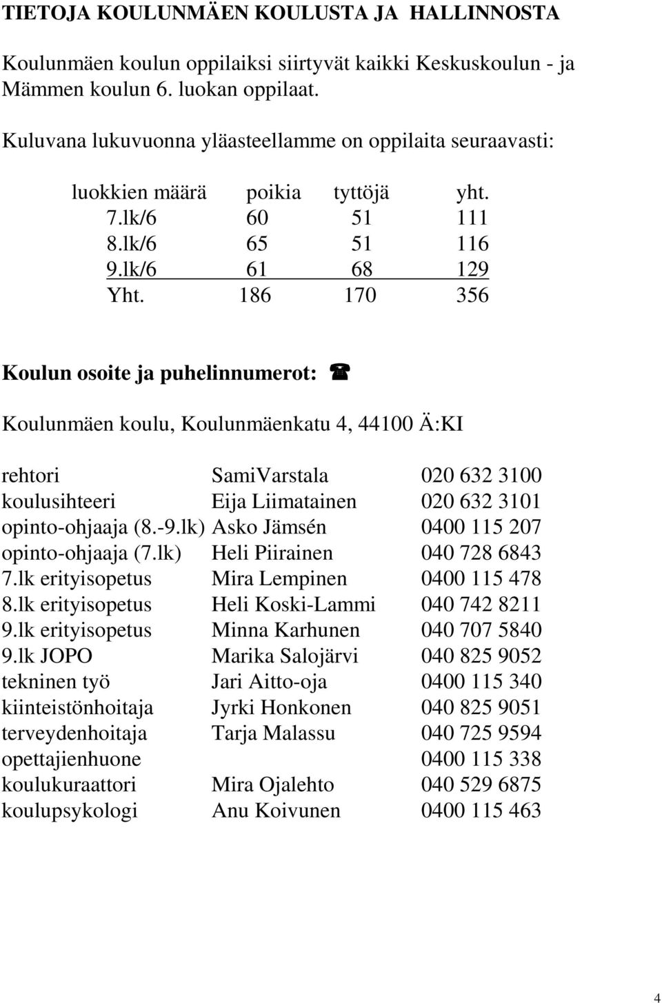 186 170 356 Koulun osoite ja puhelinnumerot: Koulunmäen koulu, Koulunmäenkatu 4, 44100 Ä:KI rehtori SamiVarstala 020 632 3100 koulusihteeri Eija Liimatainen 020 632 3101 opinto-ohjaaja (8.-9.