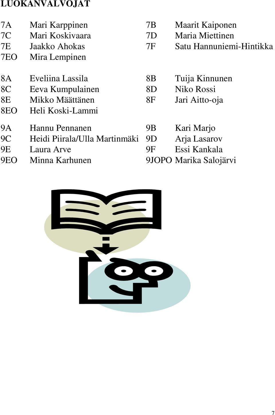 Rossi 8E Mikko Määttänen 8F Jari Aitto-oja 8EO Heli Koski-Lammi 9A Hannu Pennanen 9B Kari Marjo 9C Heidi